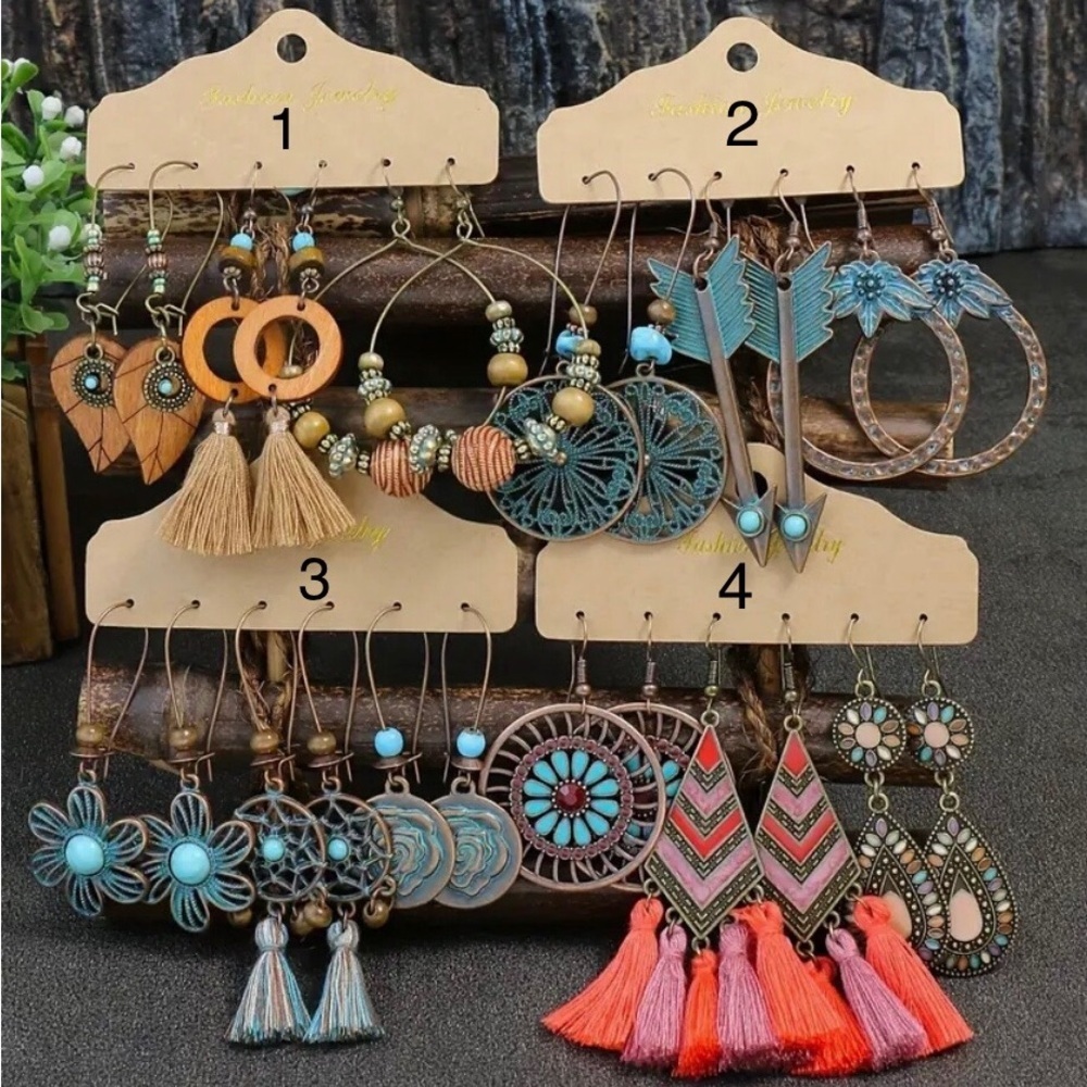 (3) Pairs Boho Antique Bronze Tribal Beaded Tassel Metal Dangle Earring Set